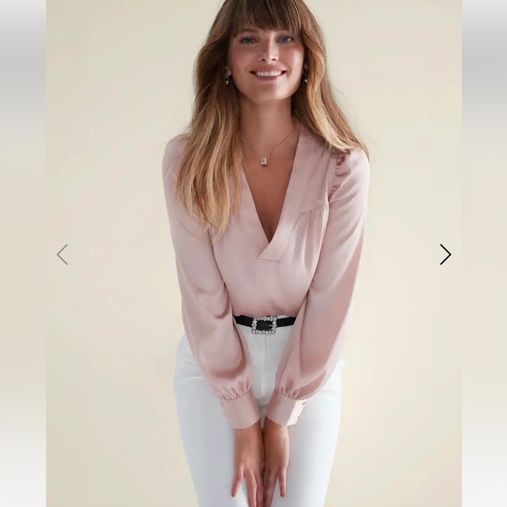 WHBM Long Sleeve Topstitch Satin Blouse